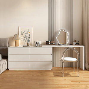Modern wooden make up vanity with 6 drawers, a chair and a mirror