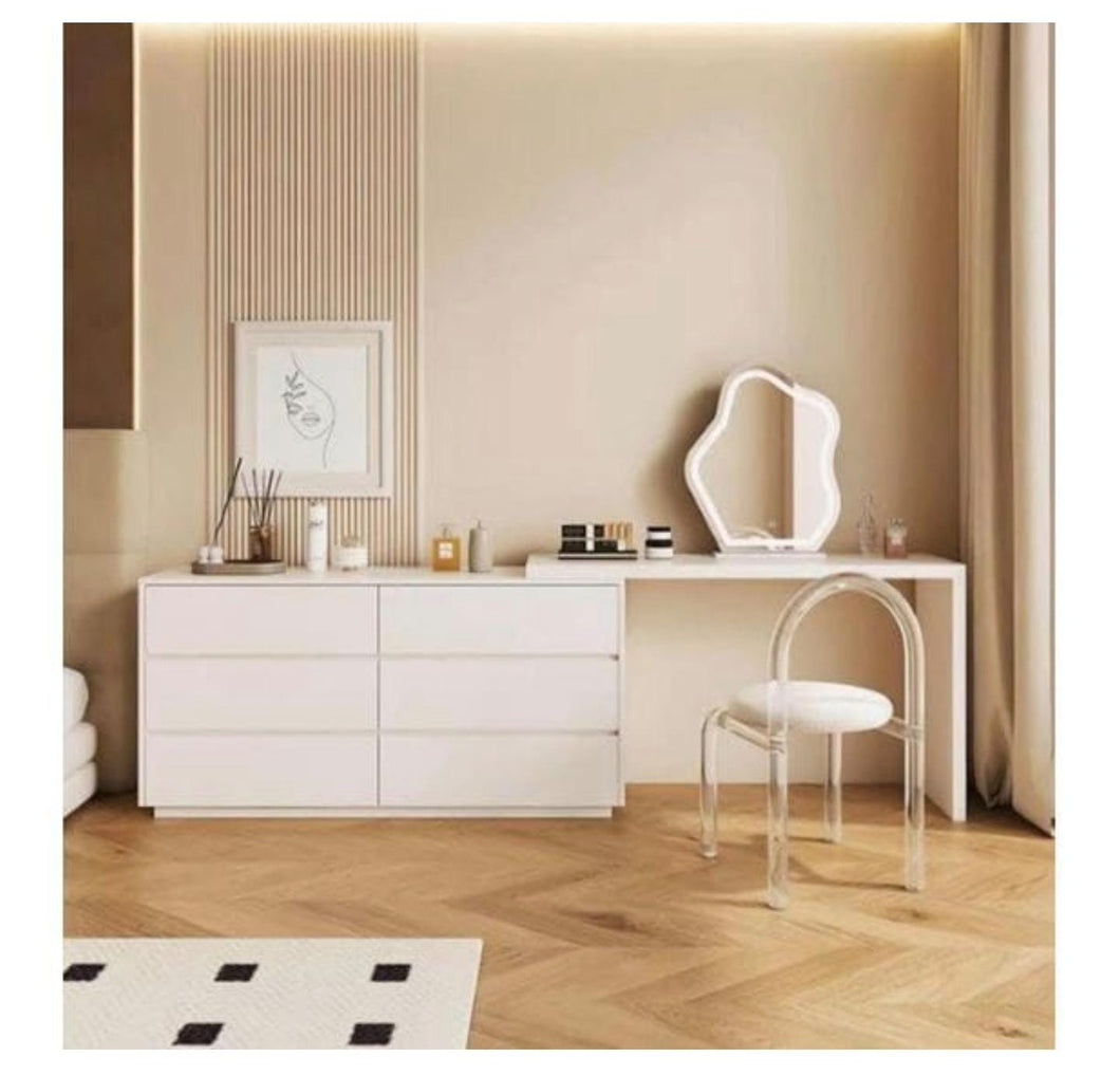 Modern wooden make up vanity with 6 drawers, a chair and a mirror
