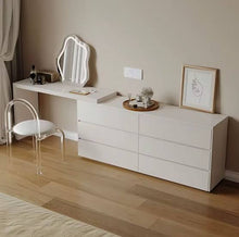 Load image into Gallery viewer, Modern wooden make up vanity with 6 drawers, a chair and a mirror
