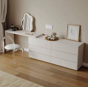 Modern wooden make up vanity with 6 drawers, a chair and a mirror