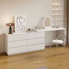 Modern wooden make up vanity with 6 drawers, a chair and a mirror